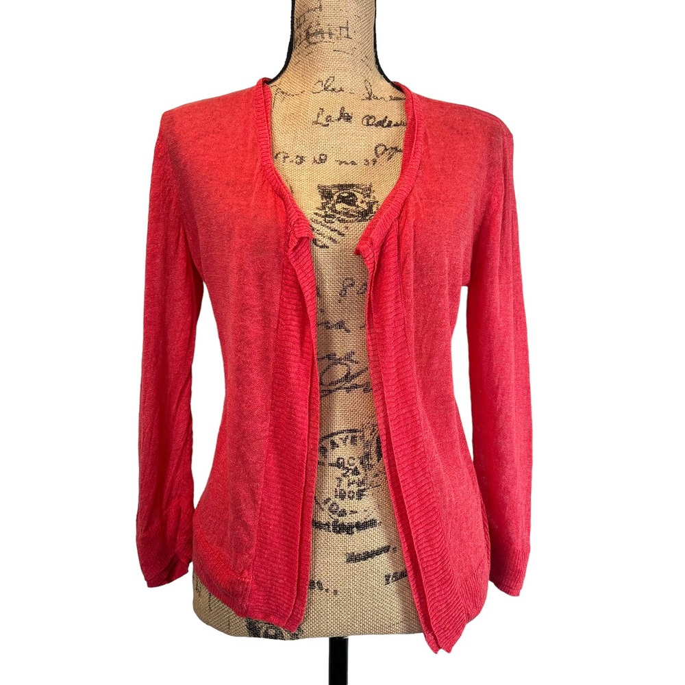 Nic + Zoe Linen Blend Open Front Cardigan Coral Red Women's S